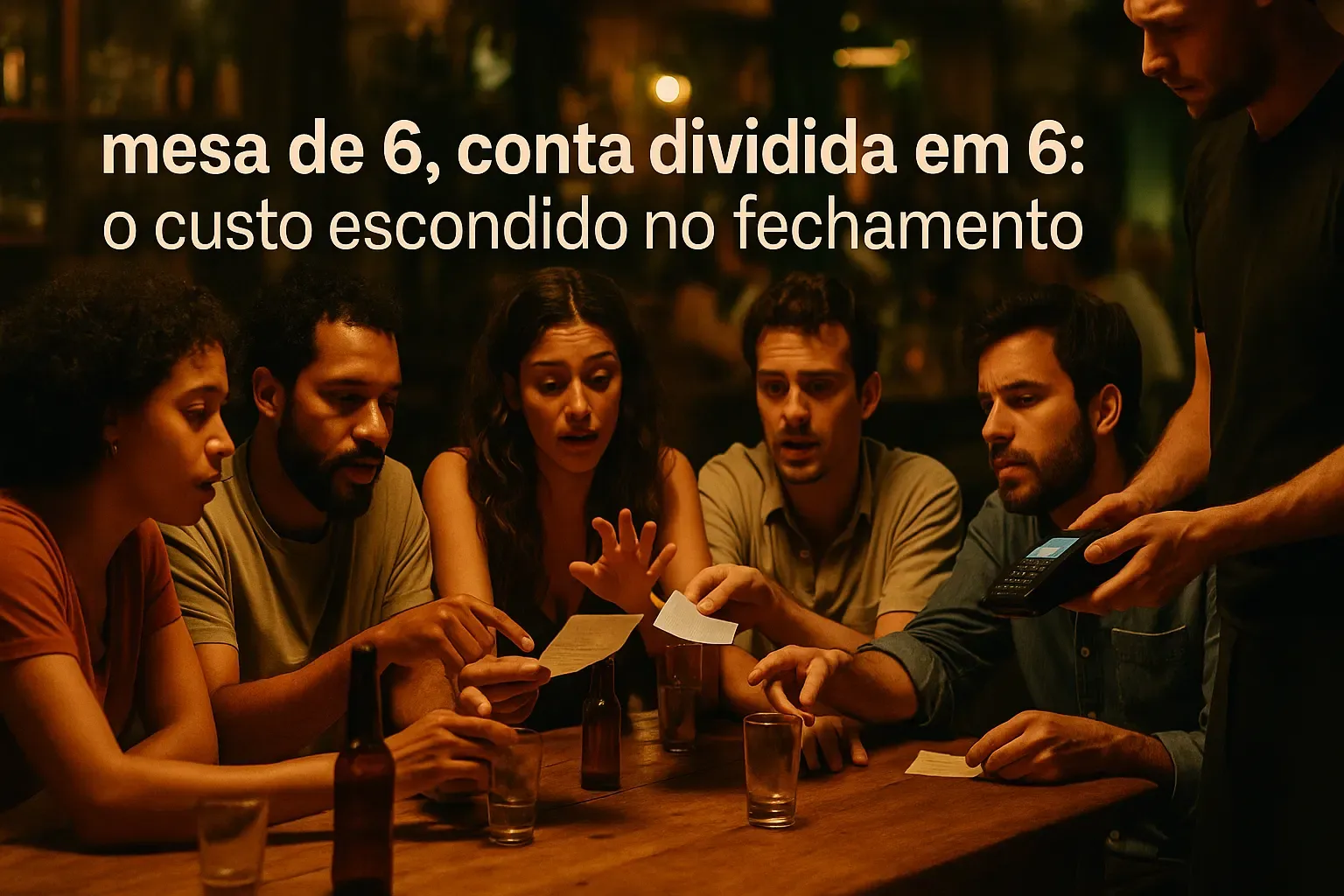 Mesa de 6, conta dividida em 6: o custo escondido no fechamento
