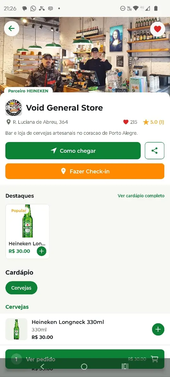 App BOABreja — página do bar com cardápio e pedido