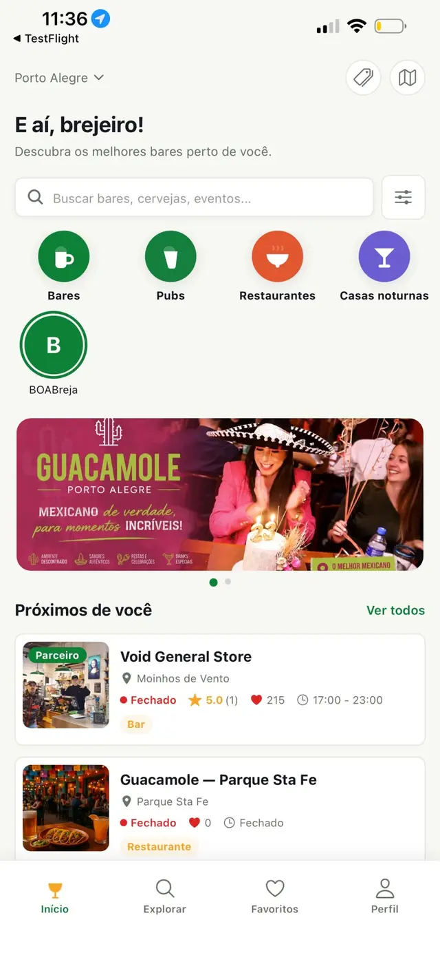 App BOABreja — tela inicial com bares próximos