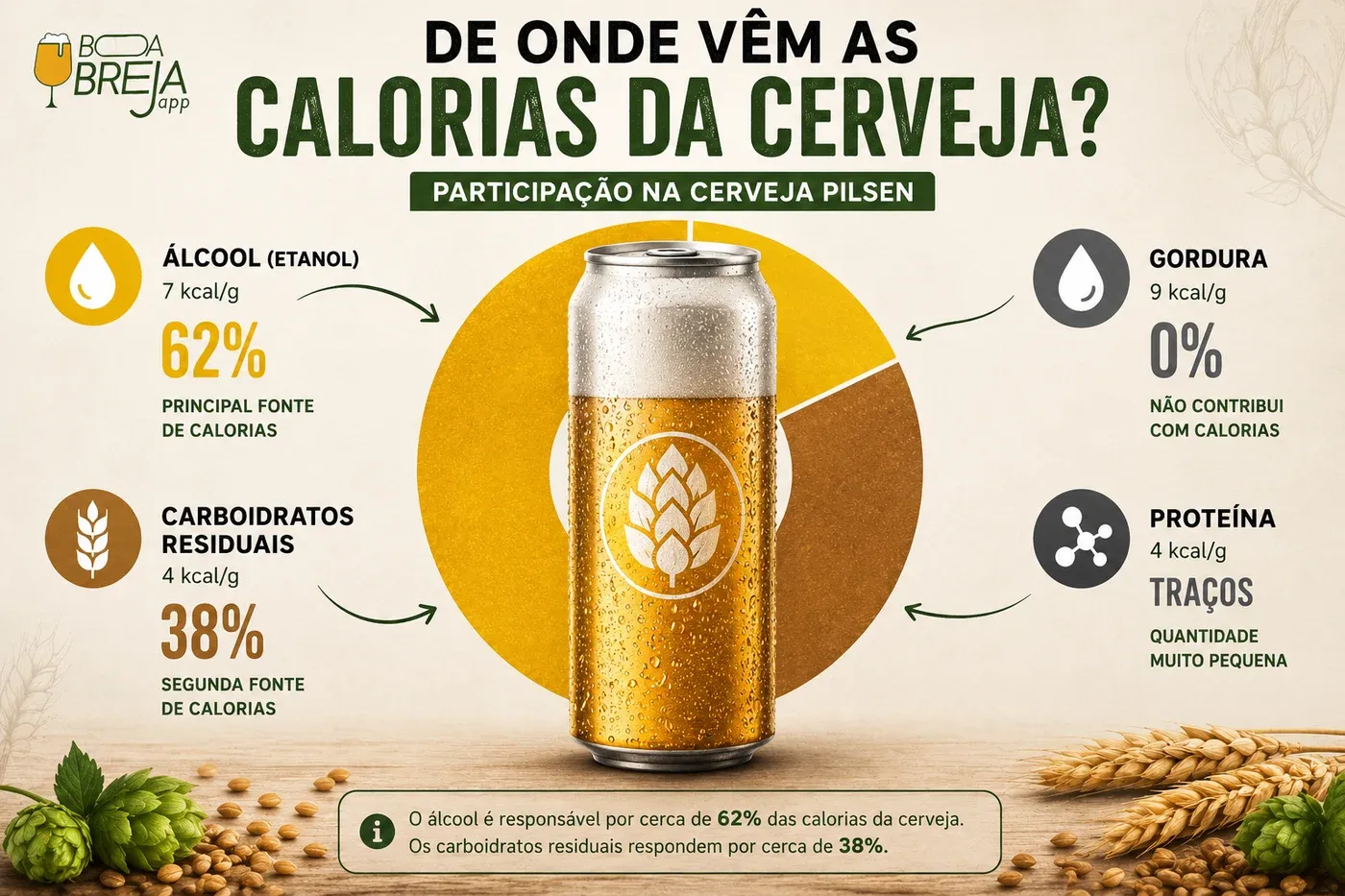 De onde vem as calorias da cerveja: alcool (7 kcal/g) responde por cerca de 62% e carboidratos residuais (4 kcal/g) por cerca de 38%. Gordura 0% e proteina apenas tracos.